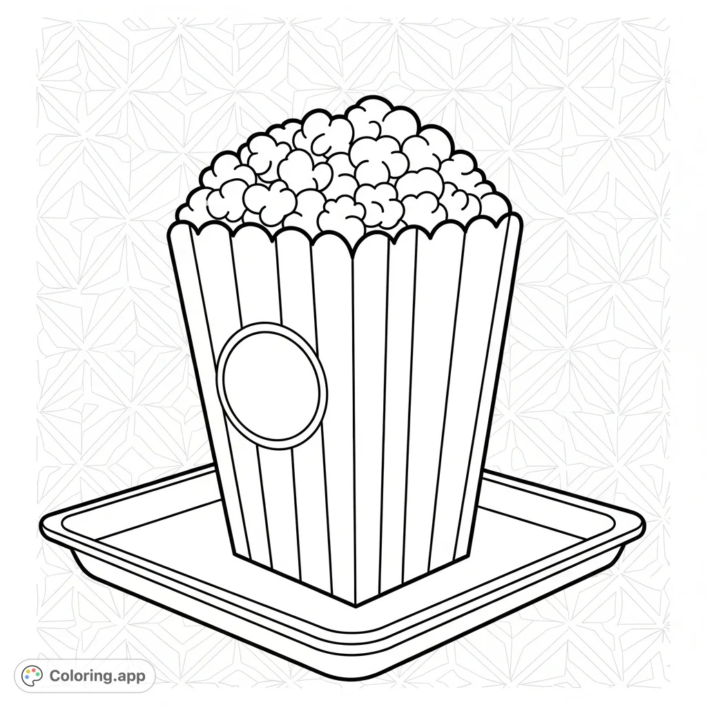 A super cute, easy popcorn box coloring page featuring a simple, charming popcorn box overflowing with kernels on a tray, against a fancy background.