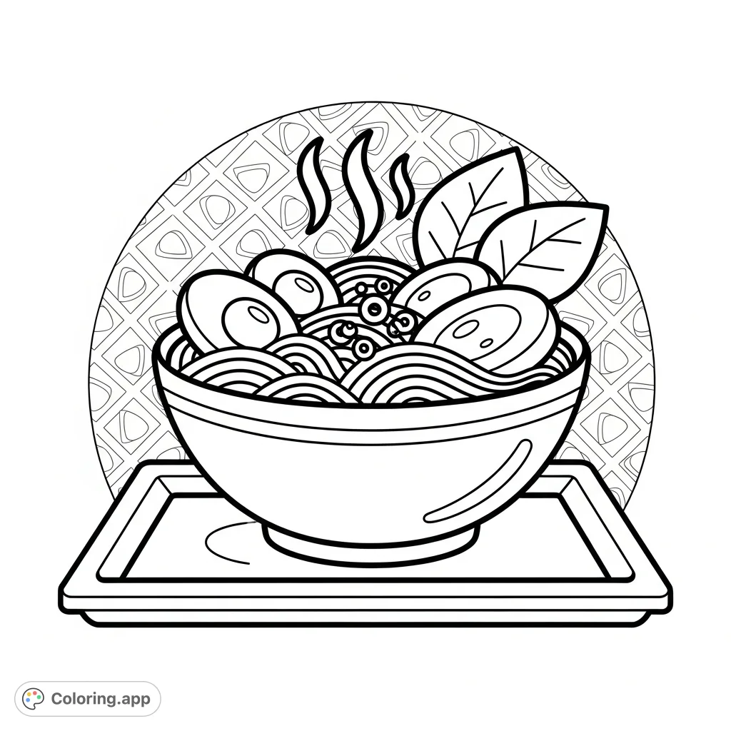 A very cute and simple ramen meal illustration, featuring a steaming bowl on a tray, with thick outlines and a fancy background, perfect for an easy, delightful coloring experience.