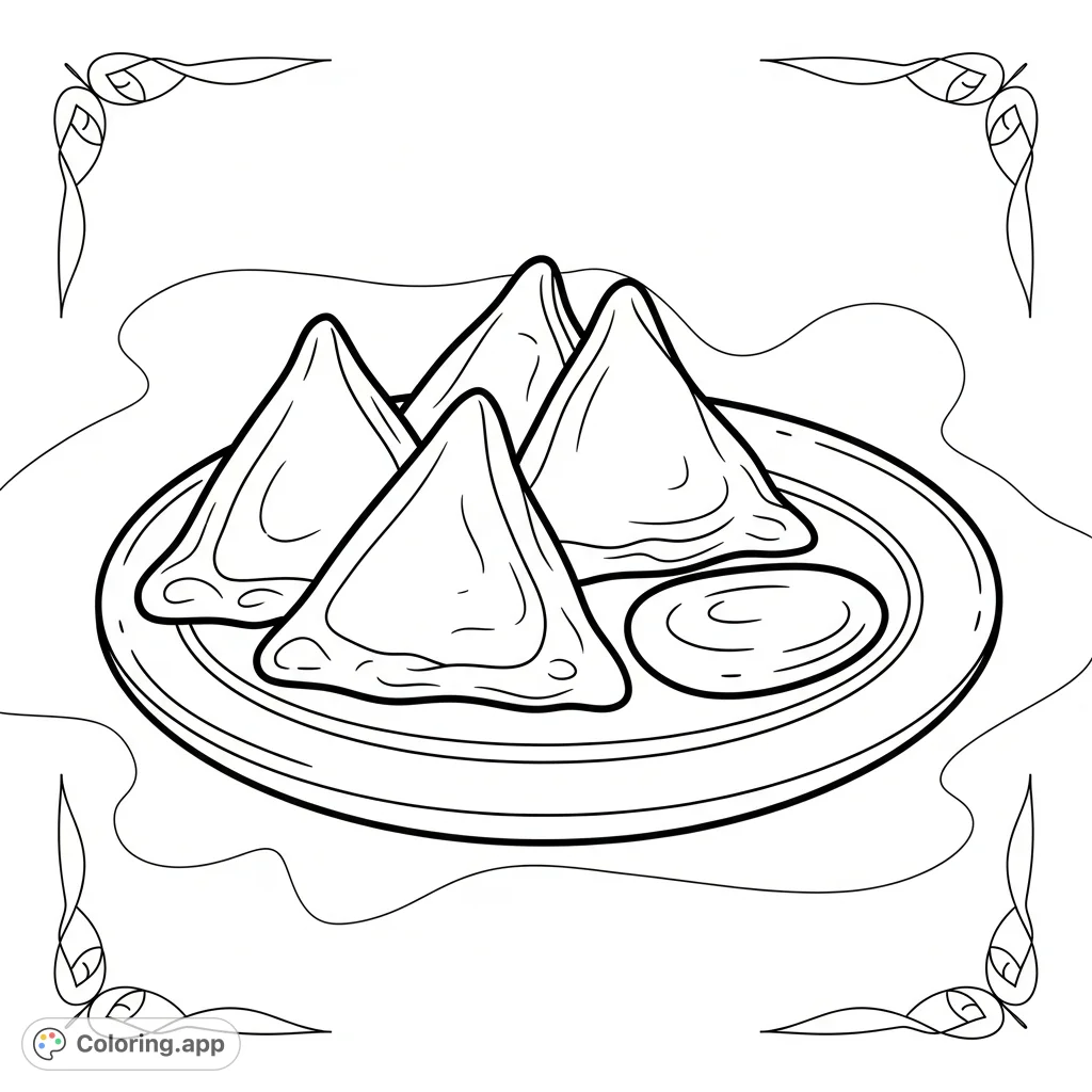 A charming and simple coloring page featuring three delightful samosas and dipping sauce on a plate, set against a subtly patterned background with curvy corner accents.