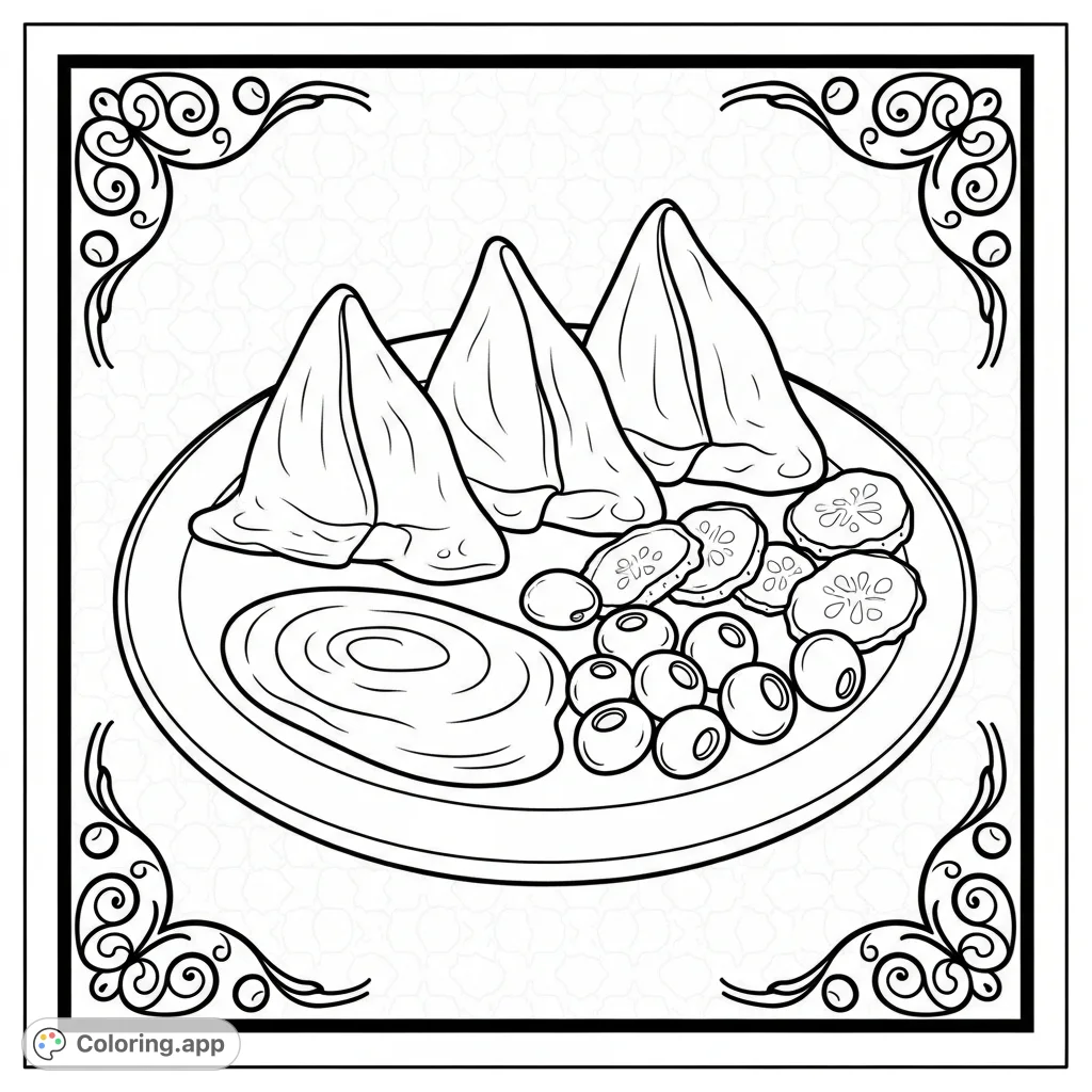 A delightful arrangement of three plump samosas, a swirl of sauce, olives, and pickles on a plate, set against a simple decorative background with playful corner lines.