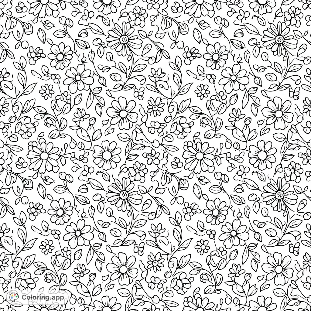 Enjoy this charming, cute floral coloring page. A free printable seamless pattern of simple flowers and leaves, perfect for stress relief and joyful coloring for all ages.