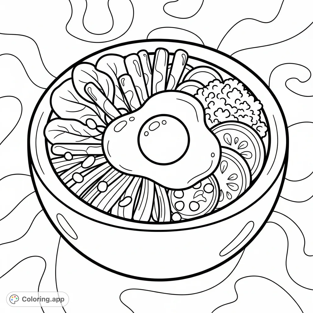 A very cute and simple Bibimbap coloring page featuring thick, curvy outlines, an egg, vegetables, and a simple fancy background. Perfect for easy coloring!