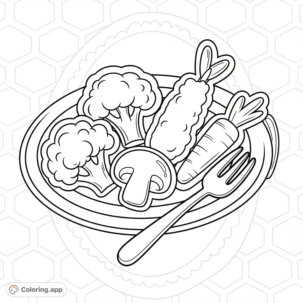 A delightful and easy-to-color page featuring cute, simplified vegetable tempura on a plate with a fork, perfect for young artists and quick relaxation.