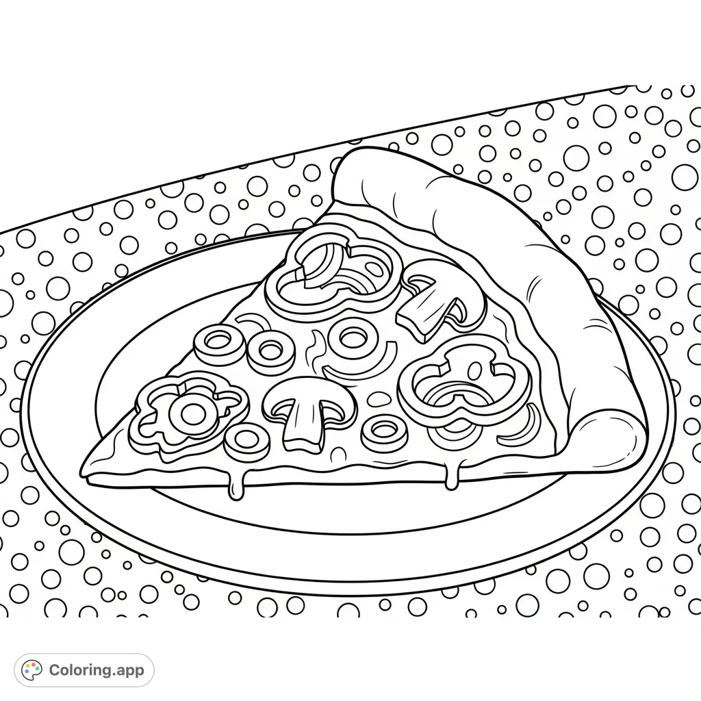 A charming and simple vegetarian pizza slice on a plate with thick outlines, perfect for easy coloring. A delightful free printable food coloring page for kids!