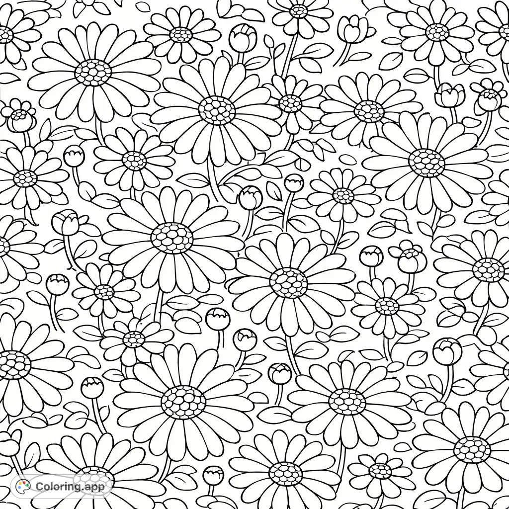 Explore a charming floral patterns coloring page featuring a dense arrangement of daisy-like flowers and buds. Perfect for all ages, offering a fun, relaxing creative escape.