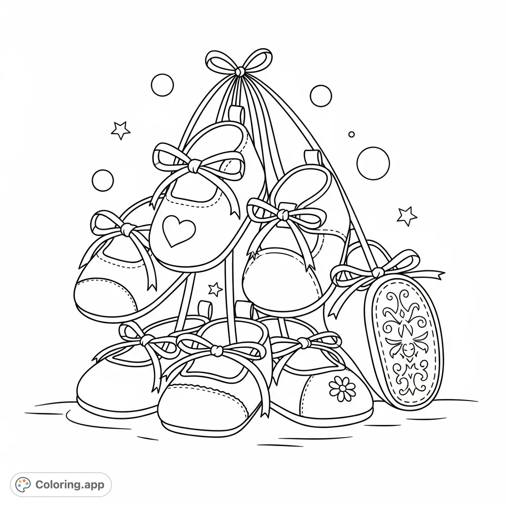 Discover a charming baby shoes coloring page featuring an artful arrangement of tiny shoes with ribbon ties, subtle details, and floating elements.