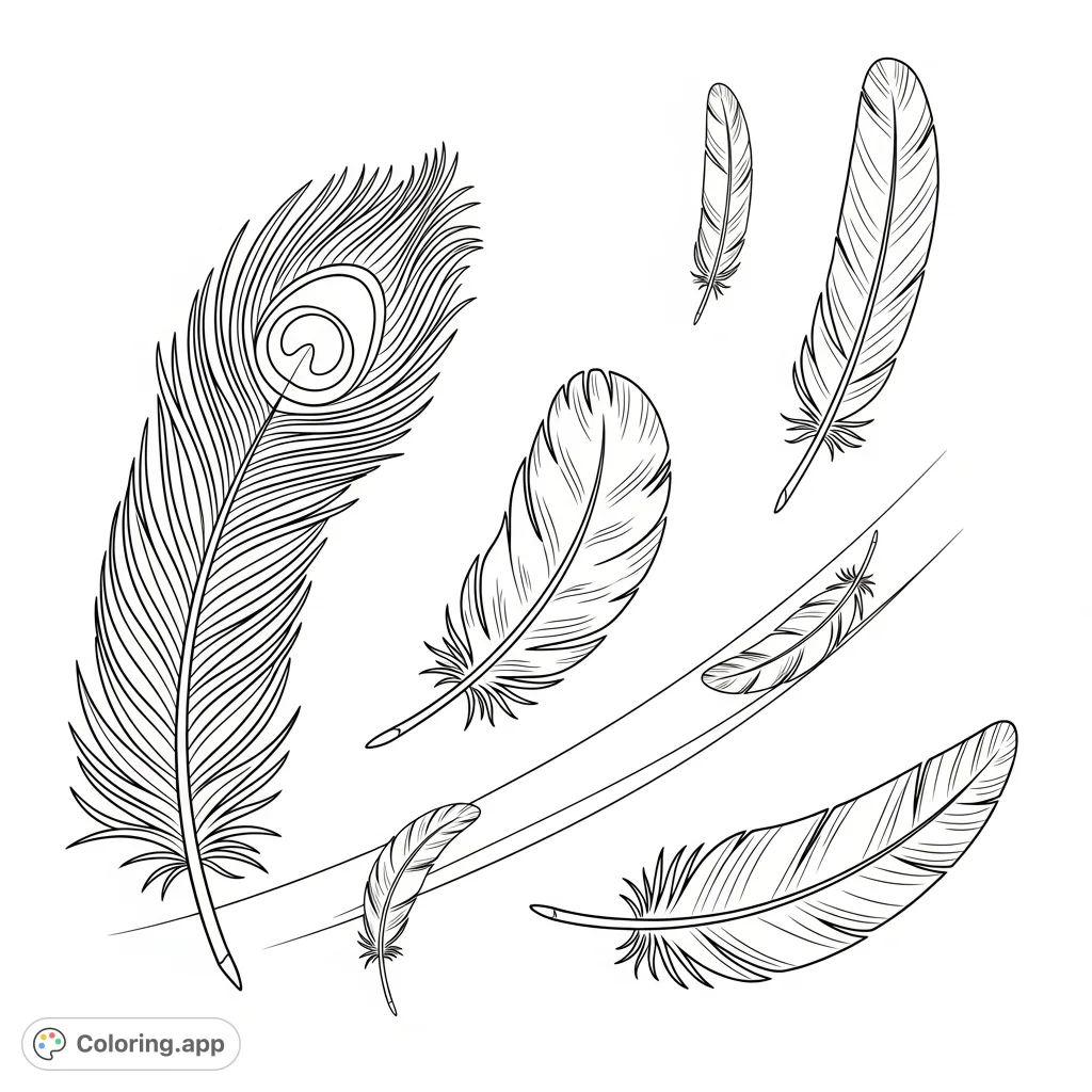 Discover a serene collection of diverse bird feathers, from peacock's intricate patterns to an eagle's sturdy quill, perfect for a tranquil coloring experience.