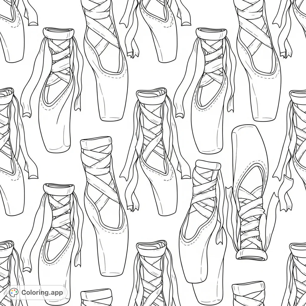 Elegant ballet shoes form a graceful, repeating pattern across the page, detailed with ribbons and pointe. A serene design for dance lovers to color and relax.