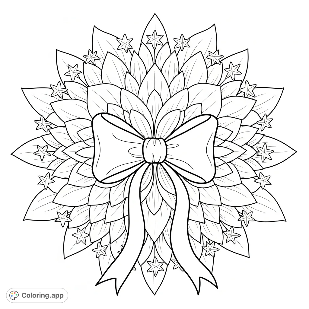 Discover an elegant design featuring a central bow ribbon with trailing loops, radiating outward into symmetrical layers of rounded petals and stylized stars. A graceful, circular pattern awaits your creative touch.