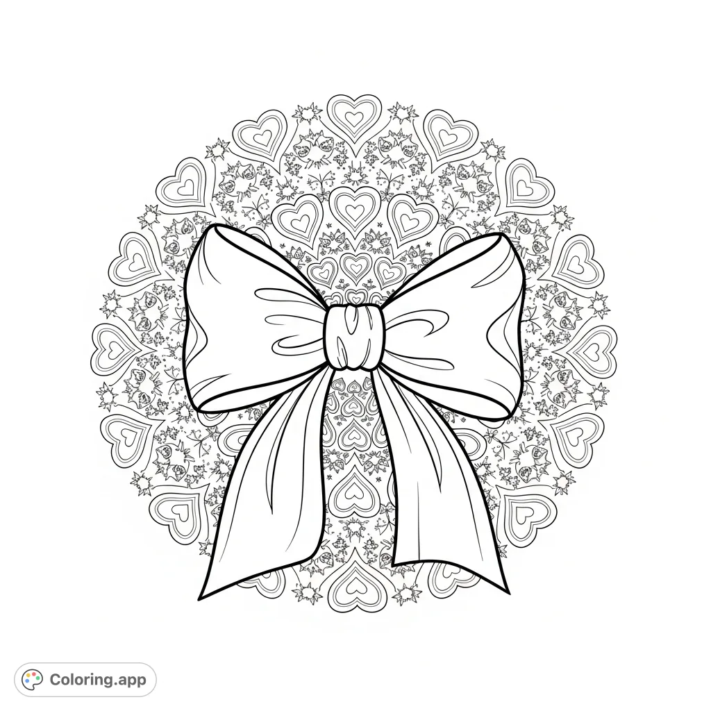 A beautiful coloring page featuring a grand, elegantly tied hair bow at its center, surrounded by an intricate radial pattern of interlocking hearts and starbursts. Perfect for creative expression.