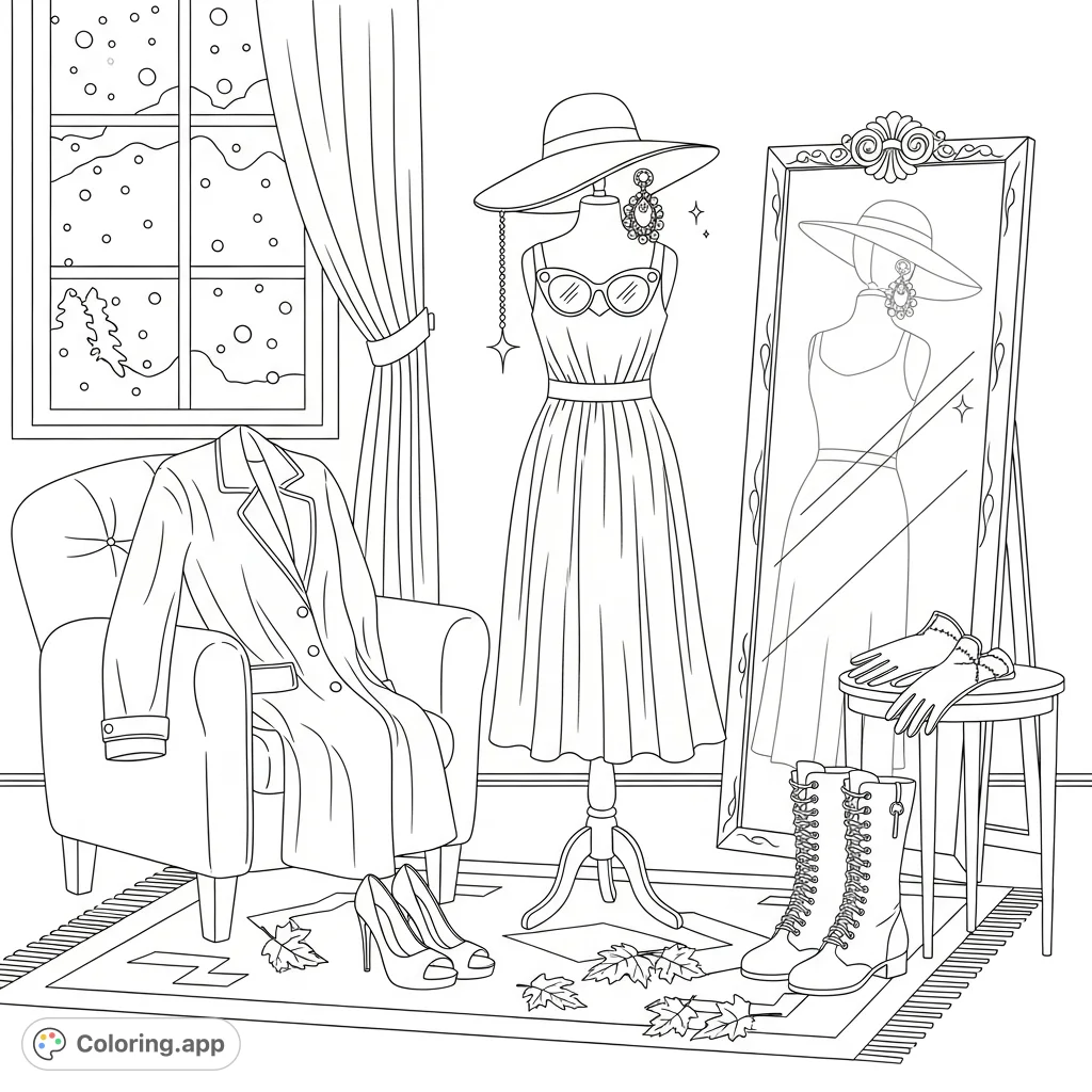 Step into a world of fashion with this elegant dressing room coloring page, featuring a mannequin, stylish accessories, and ornate details.