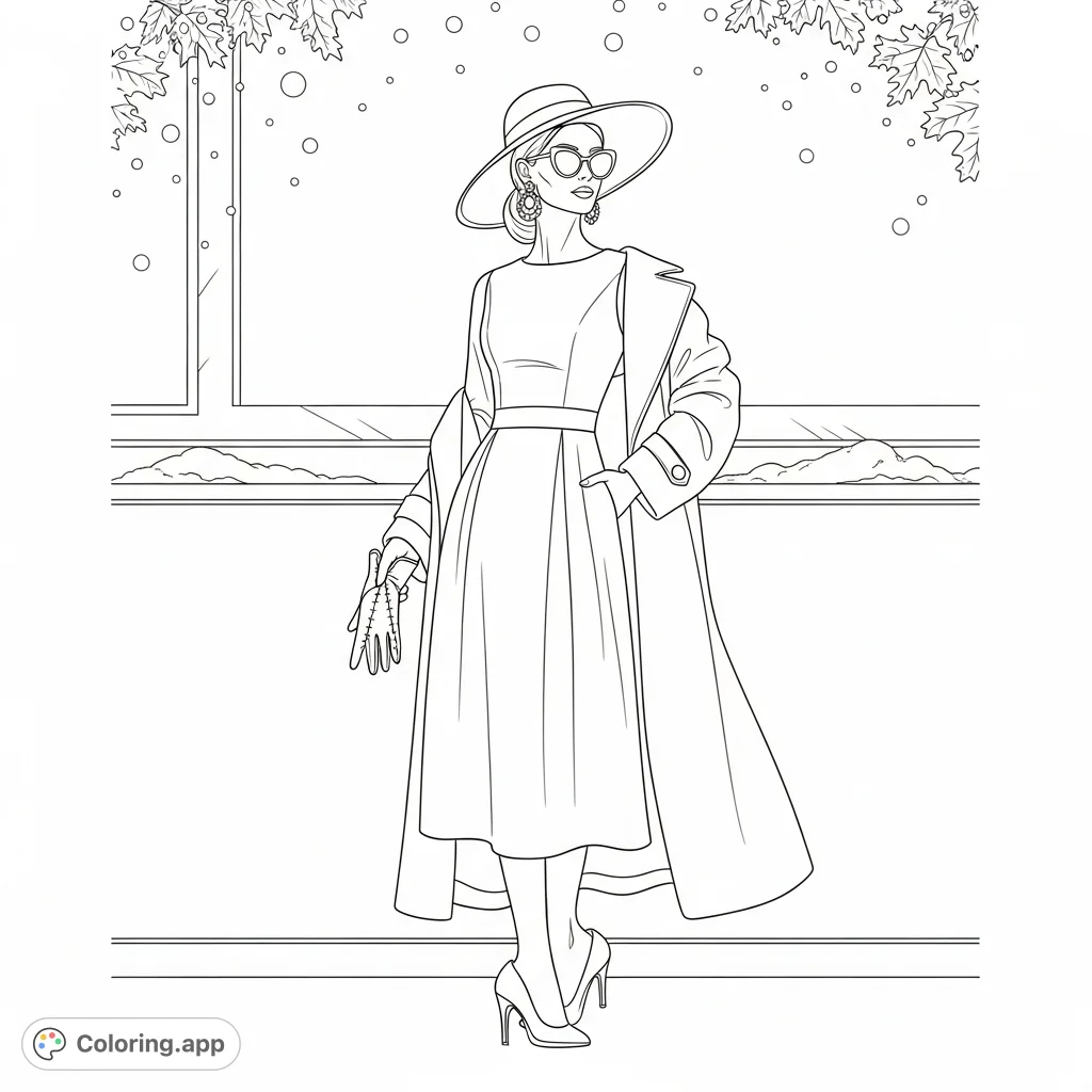 An elegant woman in a stylish midi dress, wide-brimmed hat, and long coat, perfect for fashion enthusiasts to color and personalize.