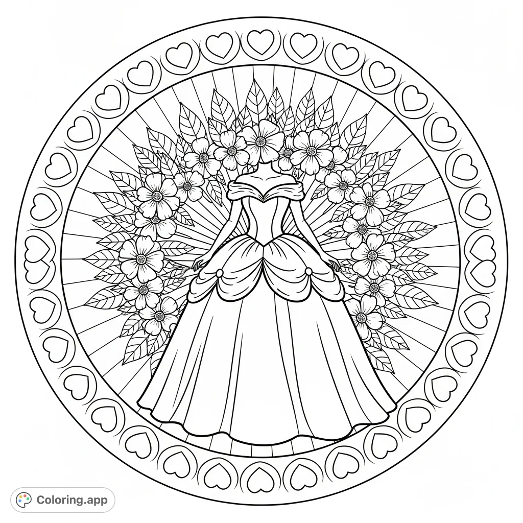An exquisite grand ball gown centered amidst intricate radial patterns of leaves, blossoms, circles, and hearts. A detailed and captivating design awaits your creative touch.