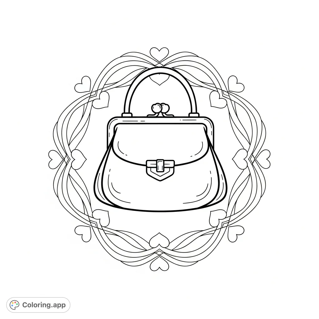 An elegant purse handbag featuring a prominent clasp, surrounded by a symmetrical circular design with flowing wave patterns and delicate heart shapes.