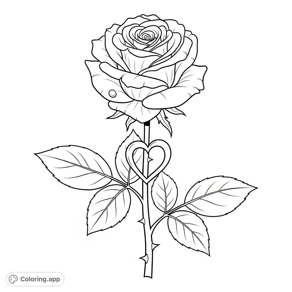A beautiful long-stemmed rose with unfurled petals and broad leaves. One pair of leaves gracefully forms a heart shape near the bloom, with a delicate dewdrop.