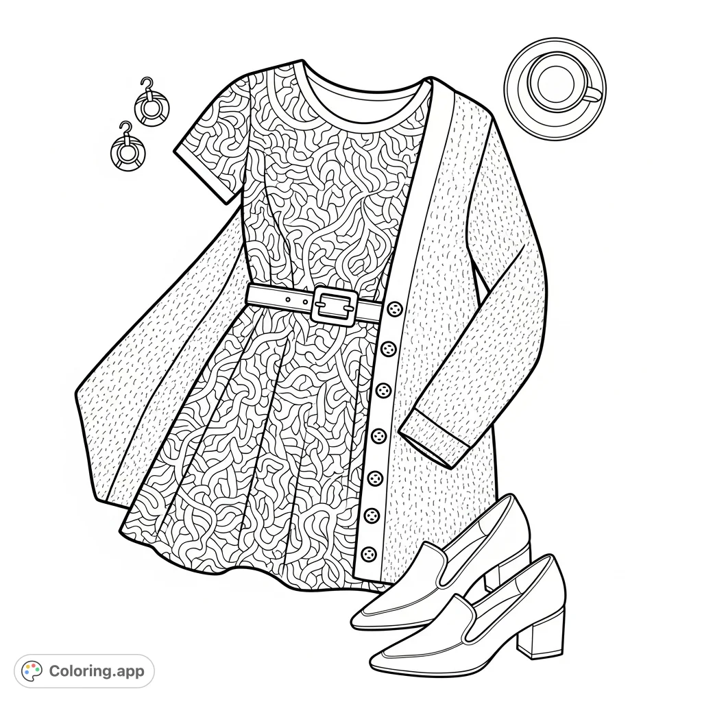 Discover an elegant flat lay outfit featuring a patterned dress, textured cardigan, stylish shoes, and accessories. Perfect for fashion enthusiasts to personalize.
