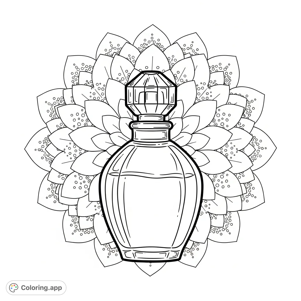 An elegant perfume bottle with a unique stopper and curved body, surrounded by a captivating circular design of layered petals and dots, creating a beautiful, radiant effect.
