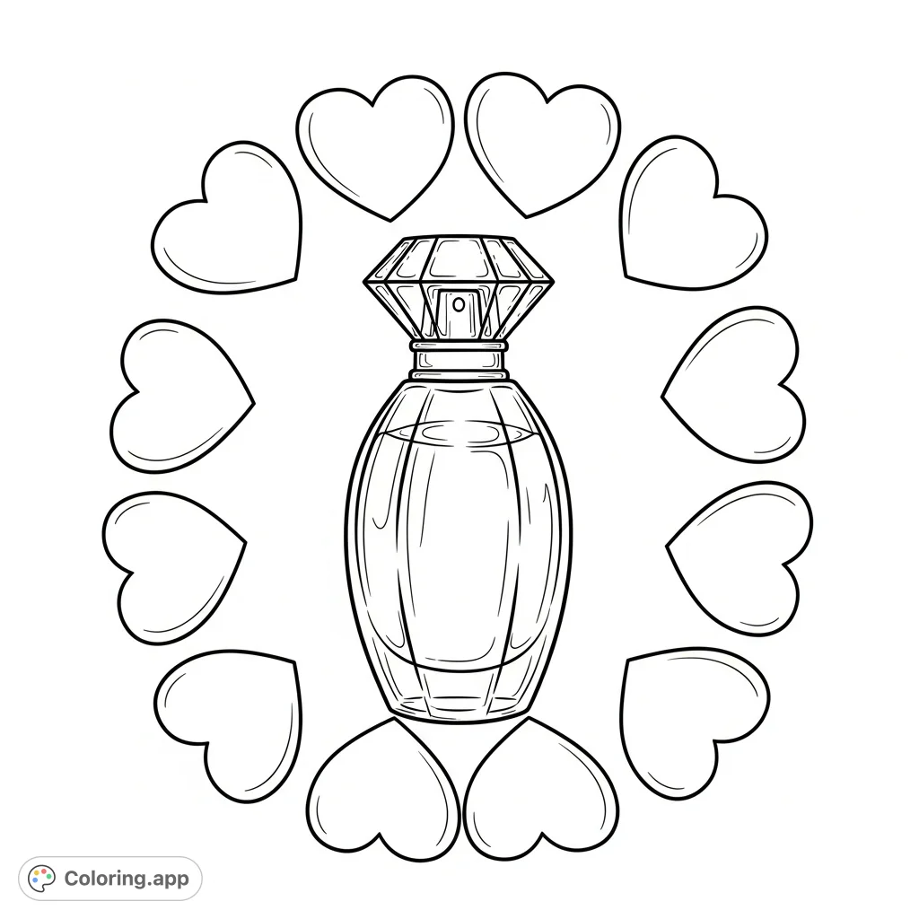 A chic perfume bottle with a unique cap, framed by large, uniformly sized heart shapes. A sophisticated and lovely design for creative expression.
