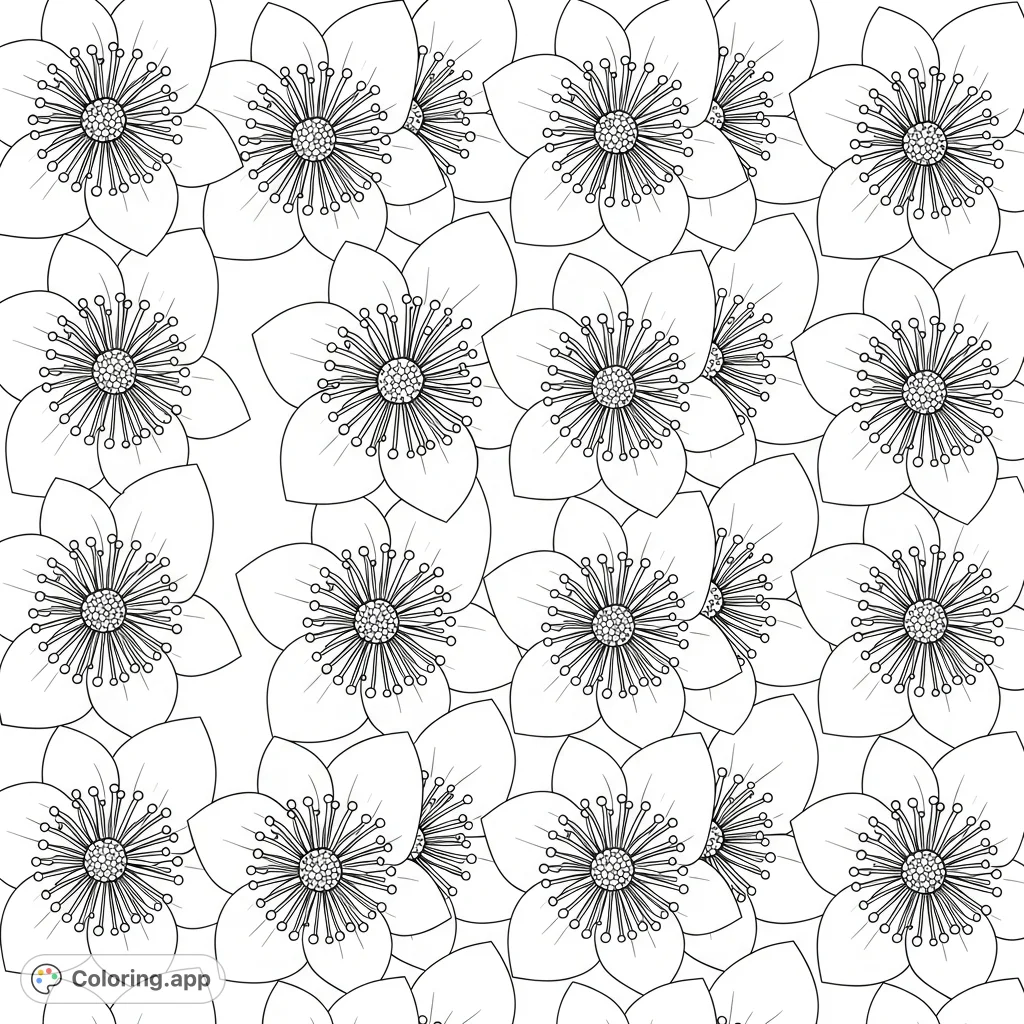 Discover a captivating repeating floral pattern coloring page, featuring intricate five-petaled flowers with detailed centers arranged in a precise, uniform grid.