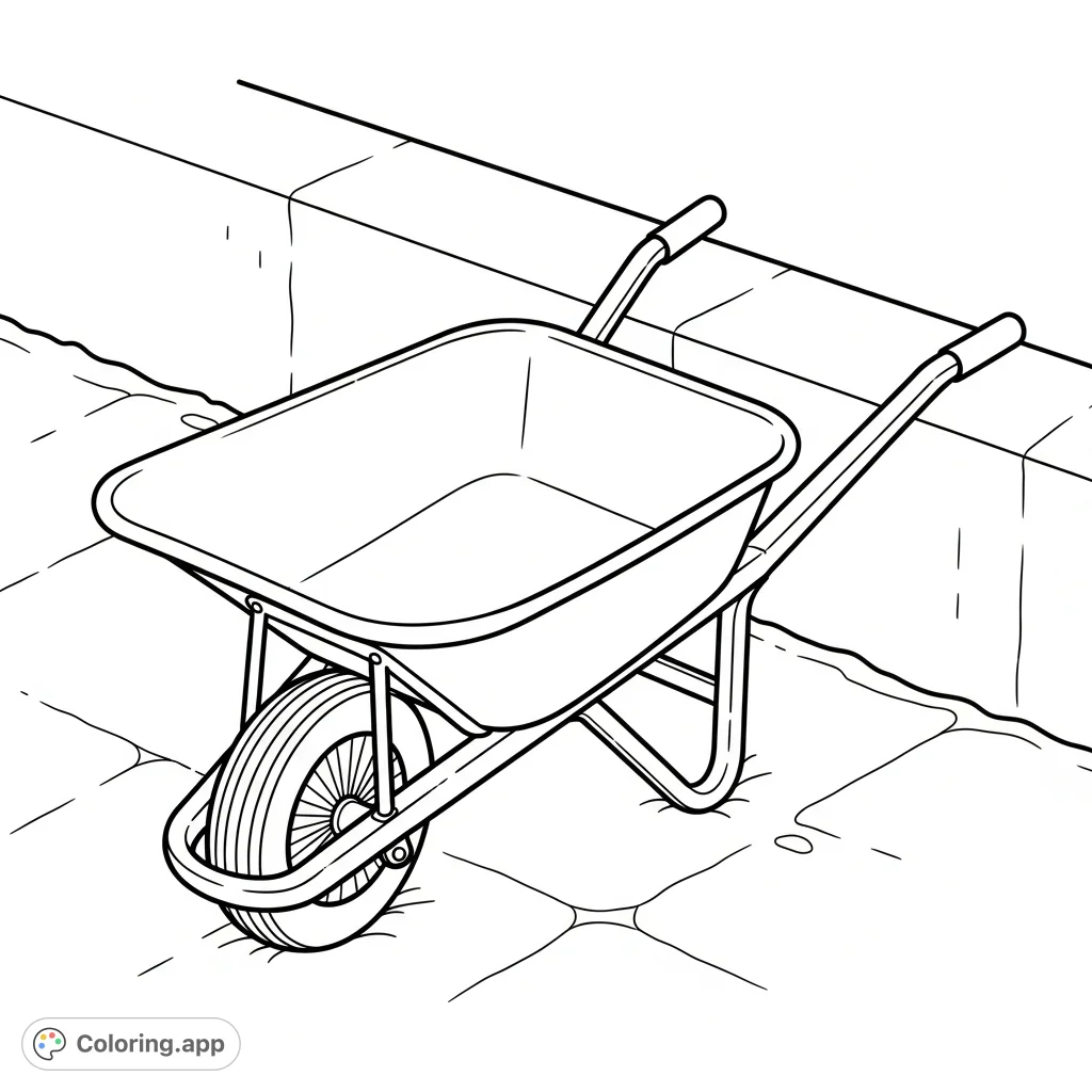 A charming, simple wheelbarrow waits empty by a garden wall from an overhead view. Perfect for imaginative coloring and garden-themed creativity!
