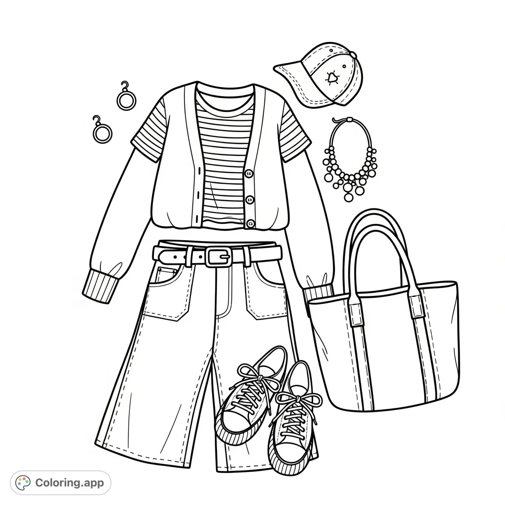 Discover a stylish casual outfit flat lay, featuring a cardigan, striped top, wide-leg jeans, sneakers, and accessories. Perfect for fashion enthusiasts!