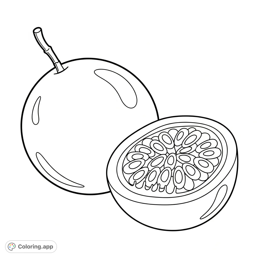 Discover the unique charm of this passion fruit coloring page, featuring both whole and cut-open fruits. A simple, inviting design.