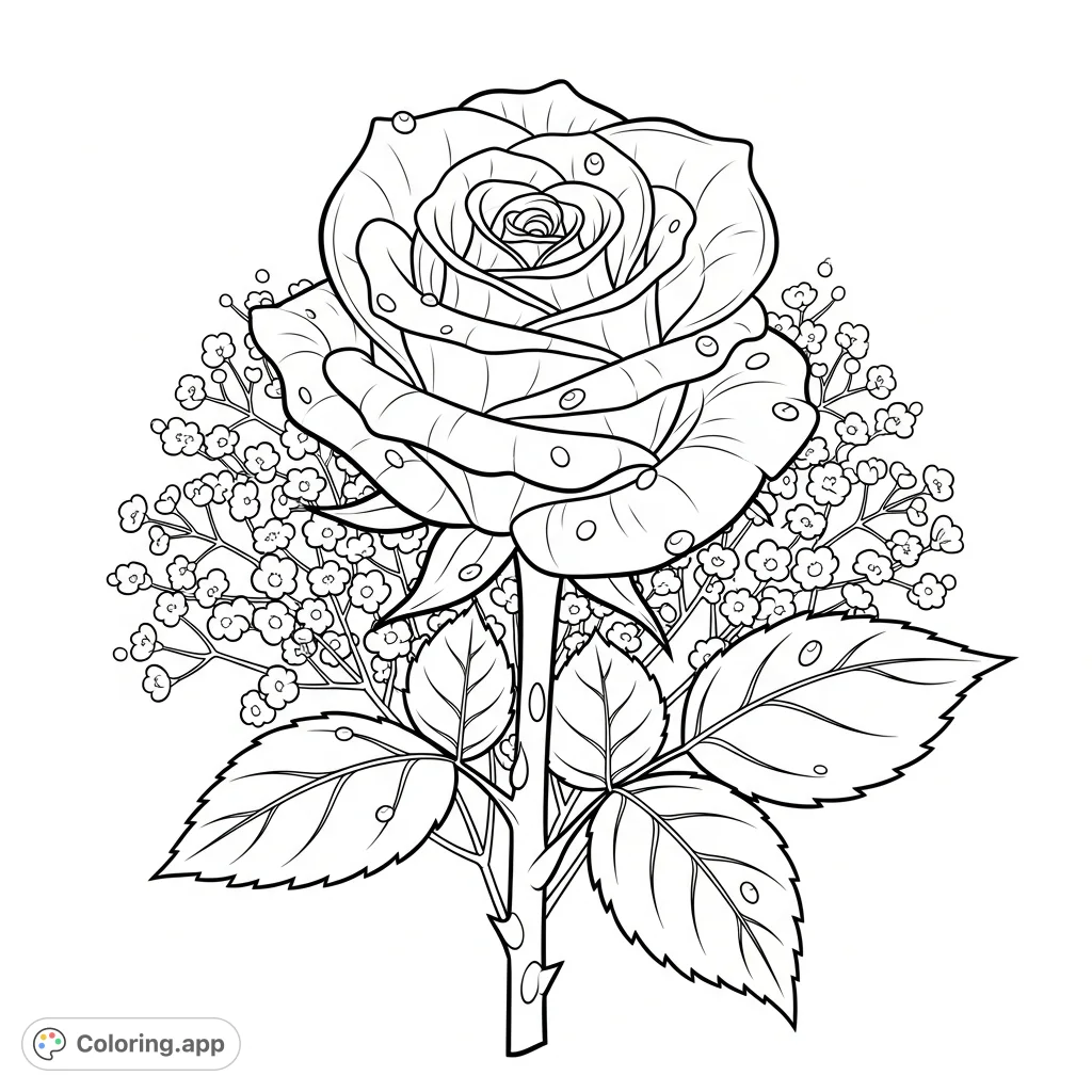Experience the delicate beauty of an exquisite rose with unfurling petals and shimmering dew drops, framed by airy baby's breath and lush leaves. A challenging floral coloring page.