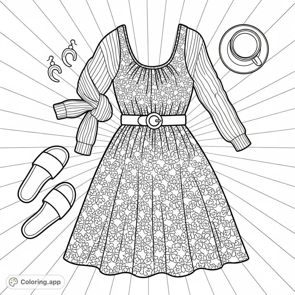 Explore a chic fashion flat lay featuring a patterned dress, knit garment, sandals, and accessories. Perfect for fashion enthusiasts and detailed coloring.