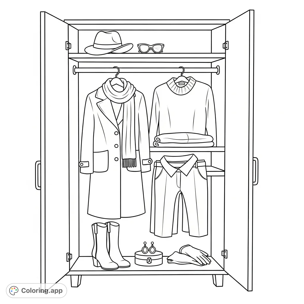 Explore a chic open wardrobe filled with sophisticated apparel and accessories, perfect for fashion enthusiasts to personalize with their favorite hues.
