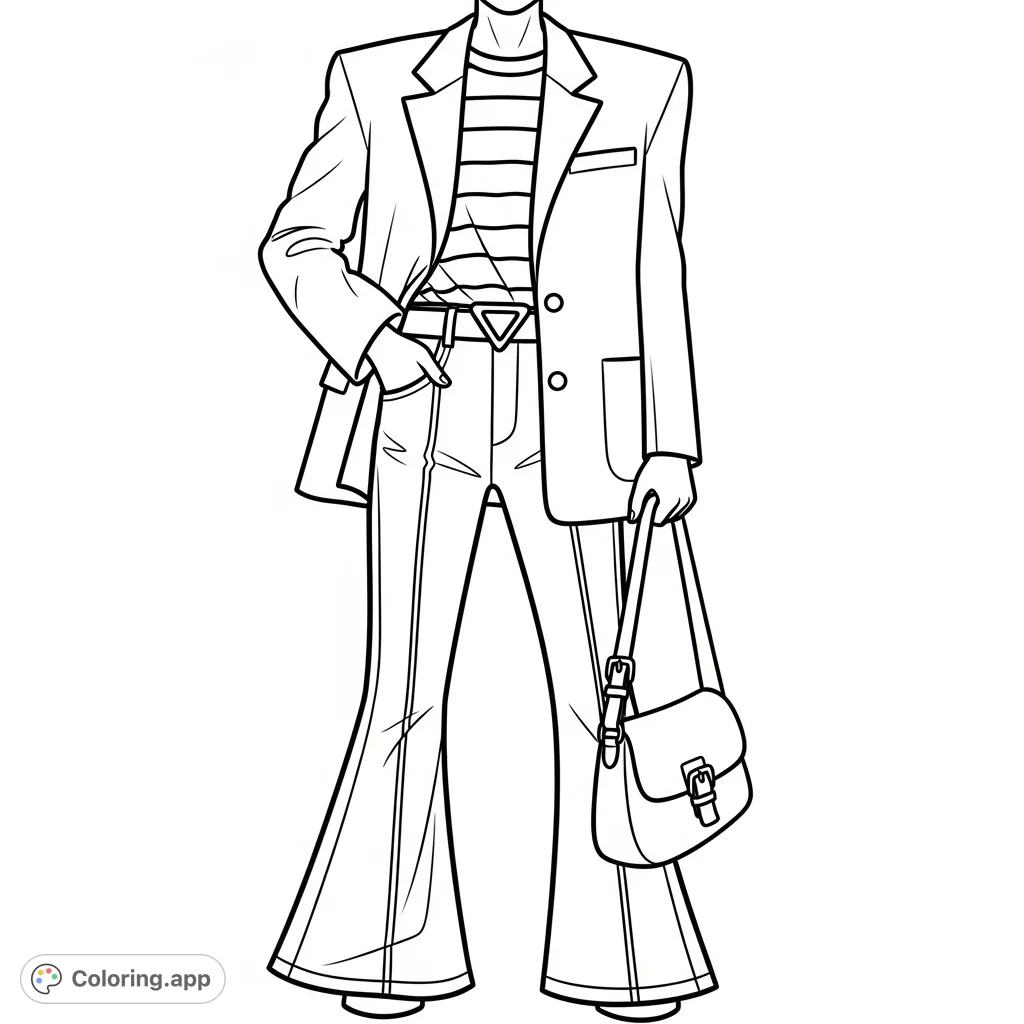 Explore a stylish ensemble featuring a structured blazer, striped t-shirt, and flared jeans with a chic shoulder bag. Perfect for fashion enthusiasts.
