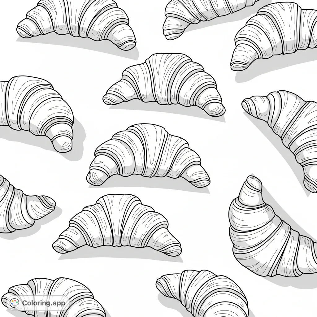 Dive into a delectable pattern of crescent pastries, each showcasing intricate flaky textures and gentle shadows. A delicious design perfect for foodies and detail enthusiasts.