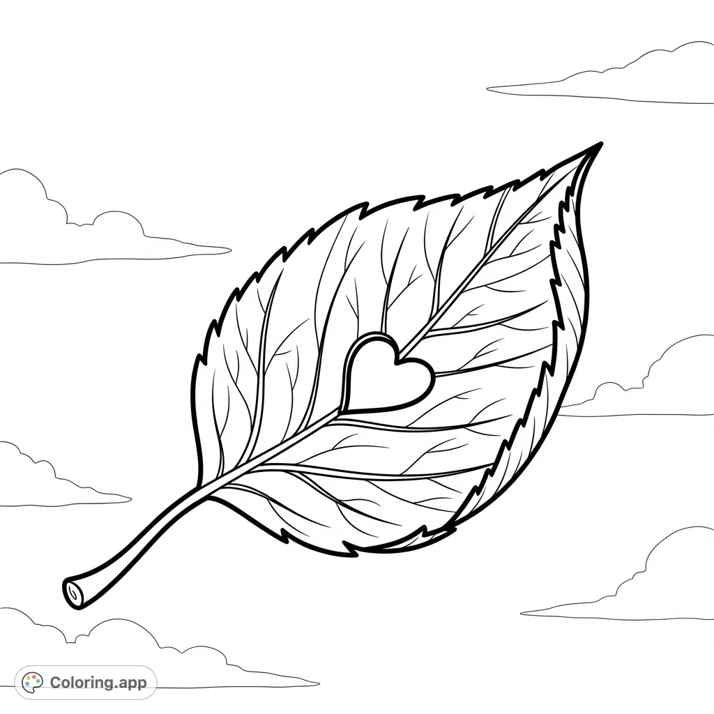 A serene, solitary leaf with a heart-shaped cutout floats gently against an expansive sky. Perfect for nature lovers and a peaceful coloring experience.