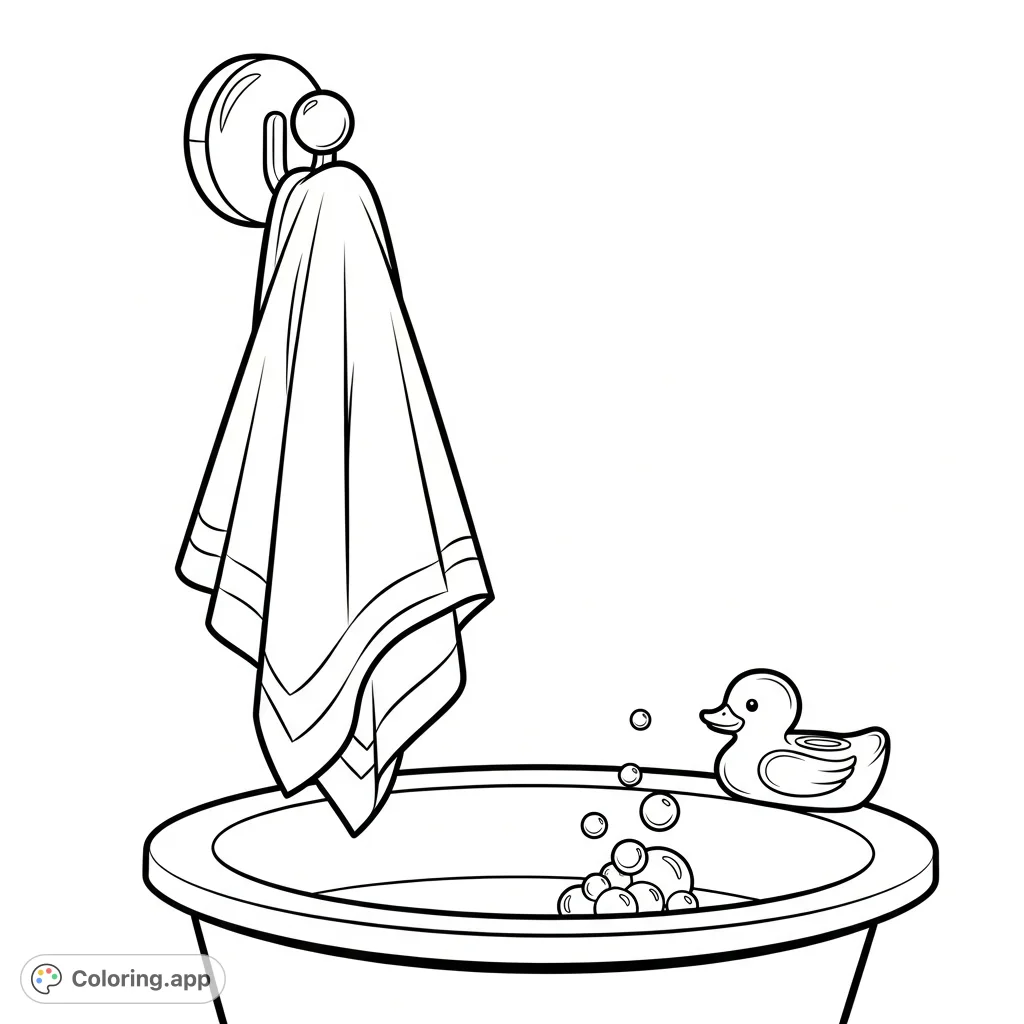 A charming washcloth and duck soap coloring page. Features a neatly folded washcloth on a peg hook, a basin with floating bubbles, and a sweet duck-shaped soap.
