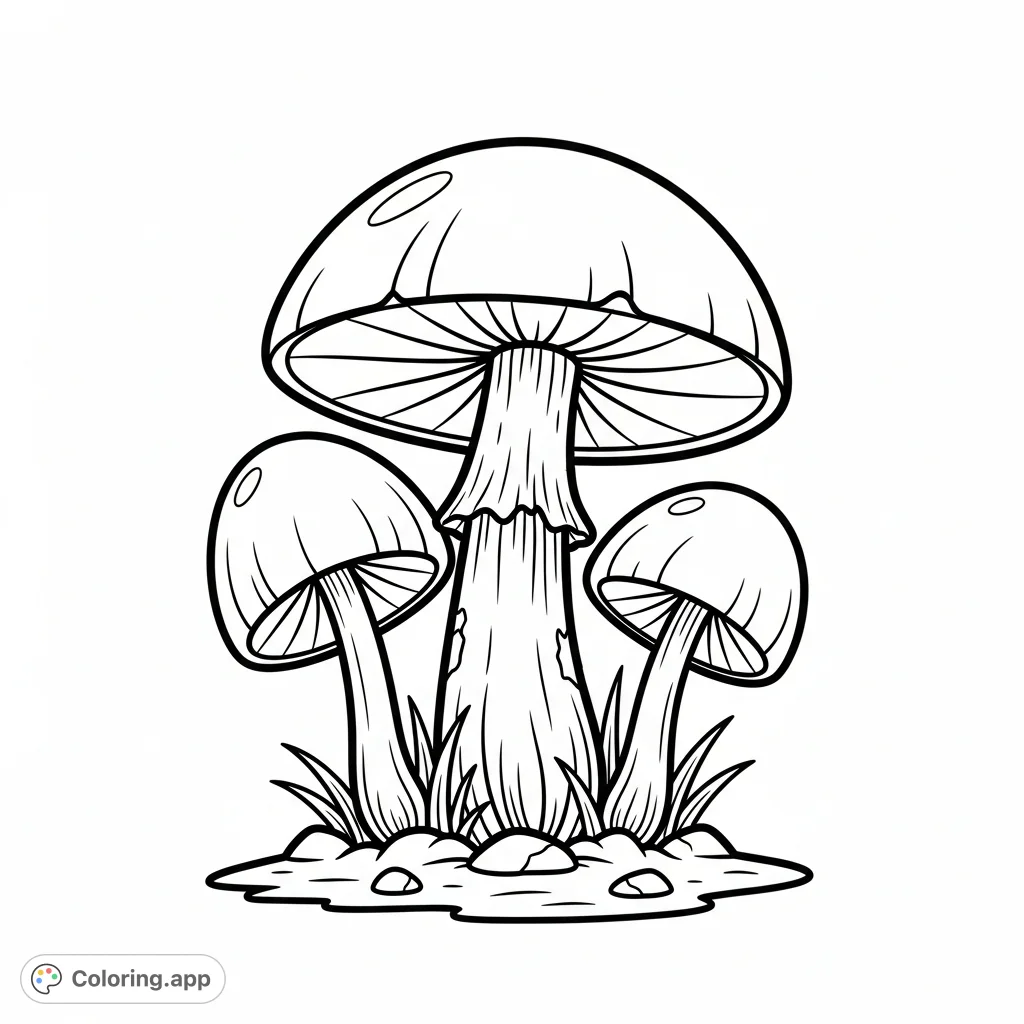 Discover a whimsical cluster of forest mushrooms. This simple, free printable coloring page offers large shapes and bold lines for easy, delightful coloring.