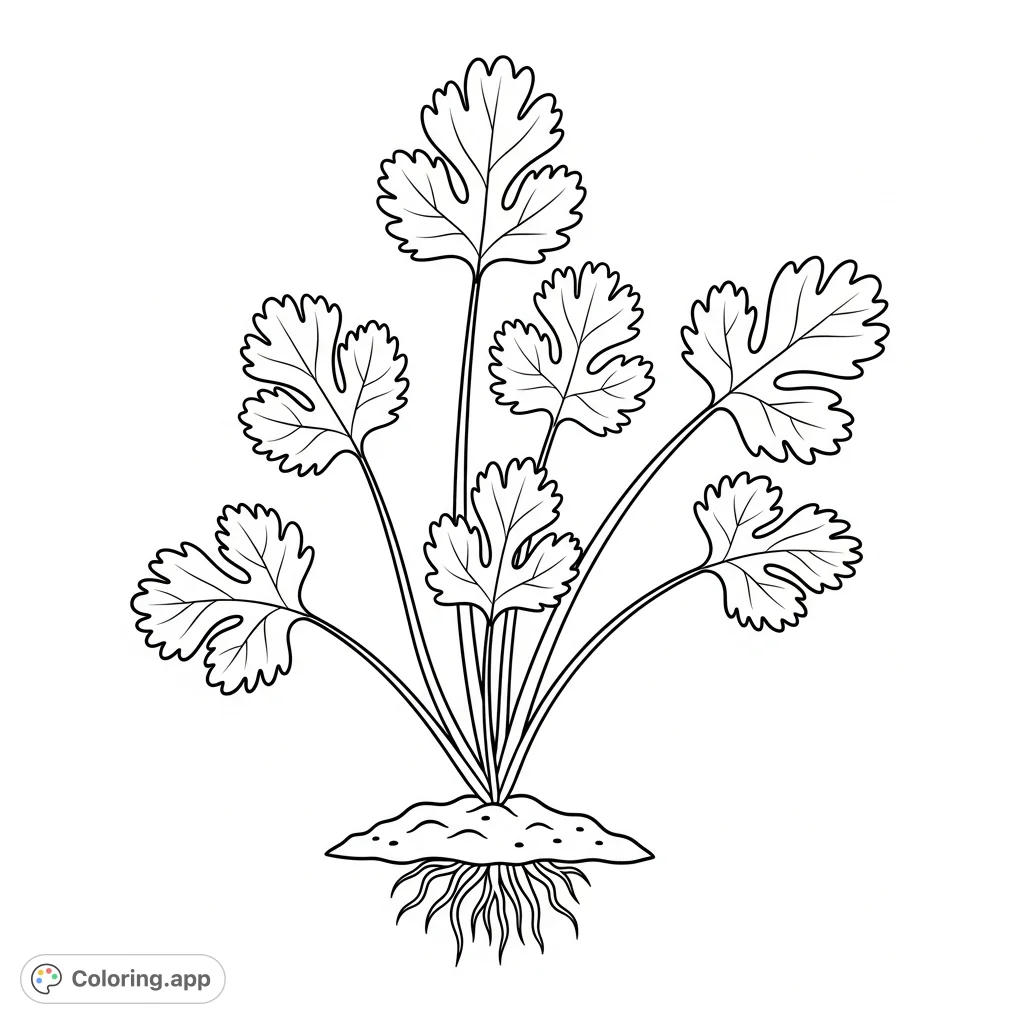 A simple and engaging cilantro plant coloring page, perfect for learning about herbs. Features distinct lobed leaves and slender stems on a plain background.