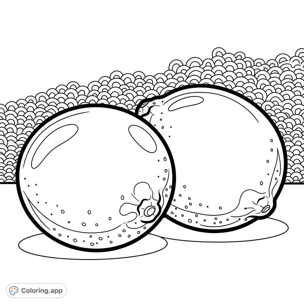 A delightful free printable lime coloring page featuring two fresh, spherical limes on a flat surface with a cute, patterned background. Perfect for all ages.