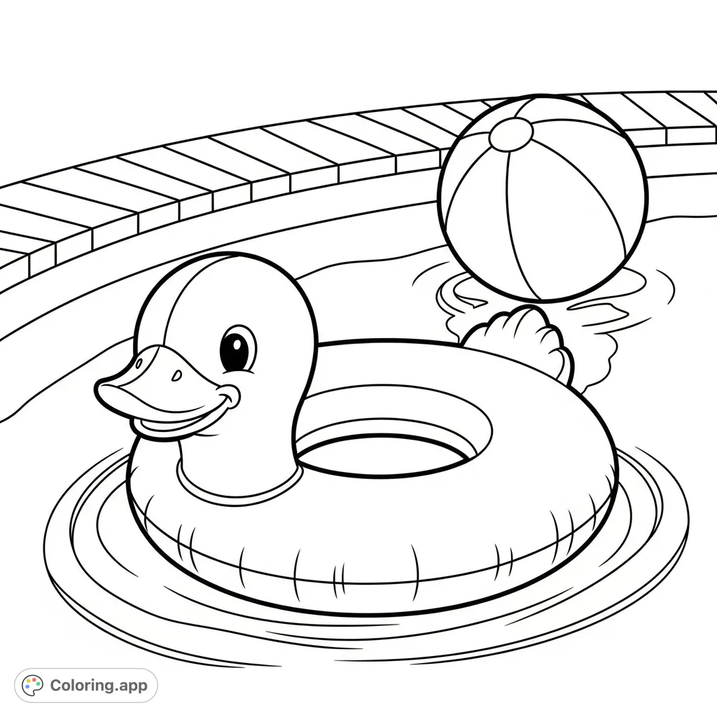A delightful baby duck swim ring floats peacefully on a pool's surface with expanding ripples. Perfect for a summer-themed coloring adventure!
