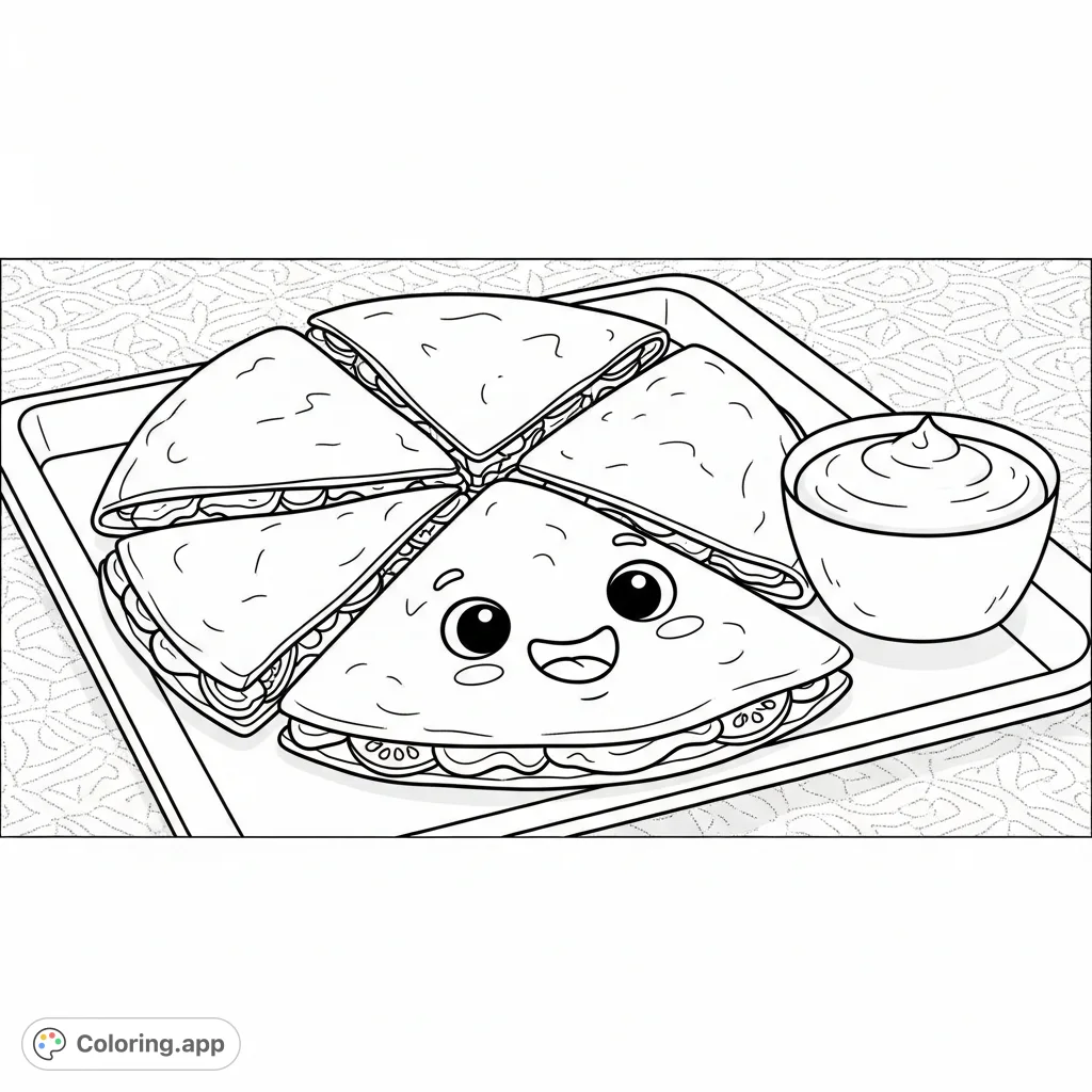 Discover this adorable friendly-faced quesadilla coloring page, perfectly sliced and served with a dipping sauce on a patterned tray. Simple forms make it delightful for all ages.