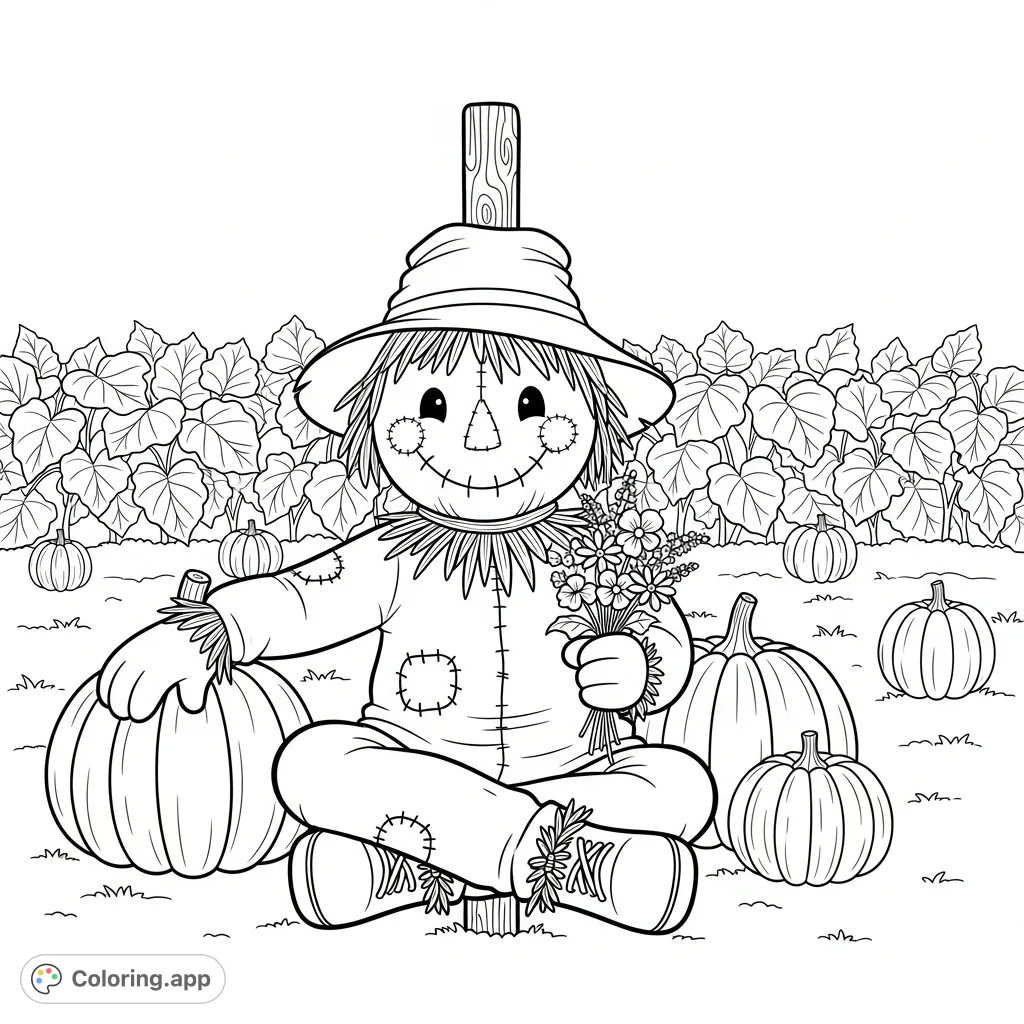 Discover a charming scarecrow smiling amidst plump pumpkins and wildflowers in a sunny garden patch, perfect for a relaxing coloring experience.