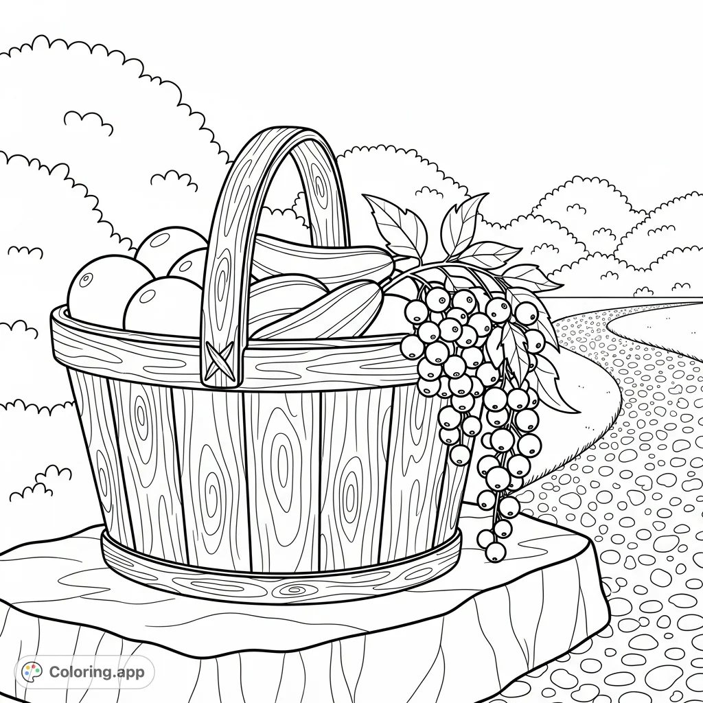 A charming garden basket brimming with fruits, nestled on a stone by a winding path. Perfect for nature lovers and fruit enthusiasts seeking a peaceful coloring experience.