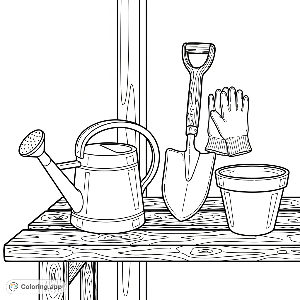 Discover a charming arrangement of garden essentials: a watering can, spade, gloves, and pot, all neatly placed on a rustic wooden bench. A delightful scene for colorists.