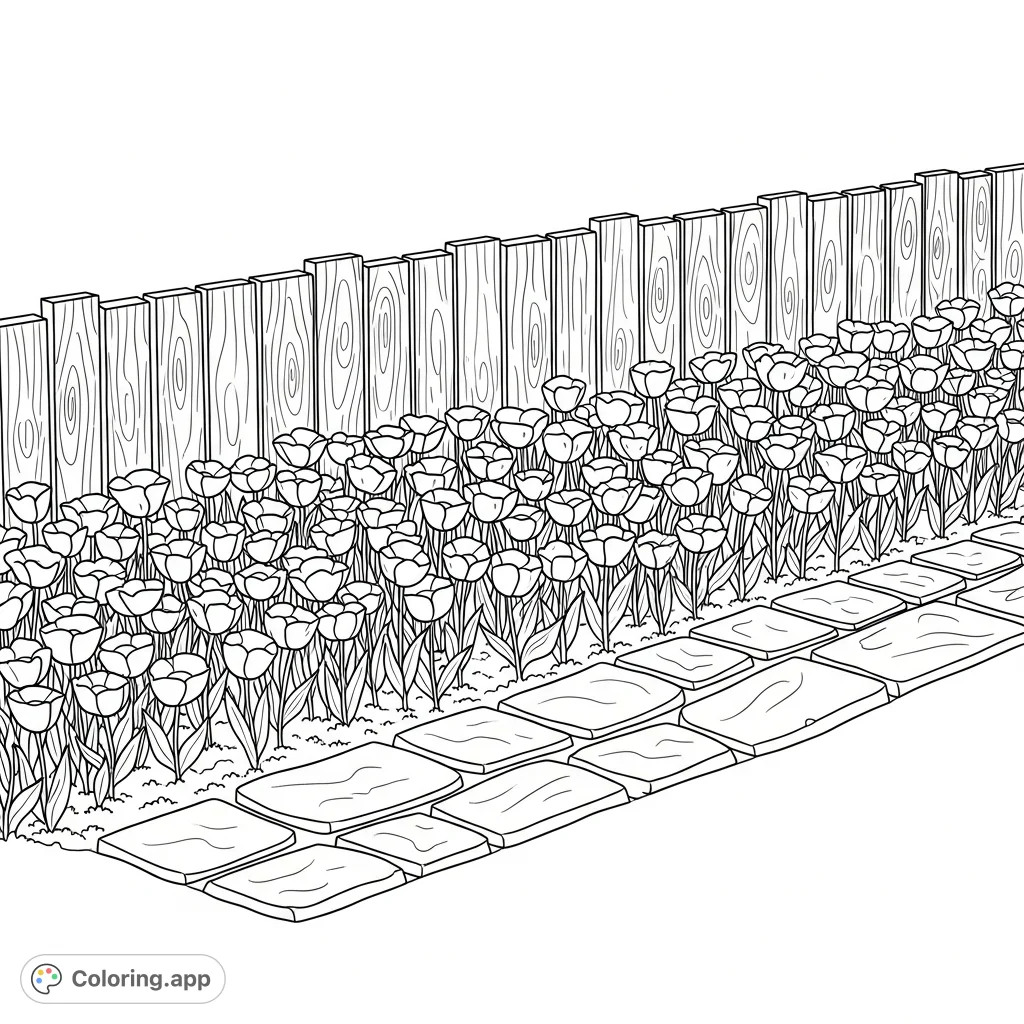 Explore a serene garden with an elongated flower bed bursting with uniform blossoms, backed by a rustic wooden fence and bordered by a charming stone path.