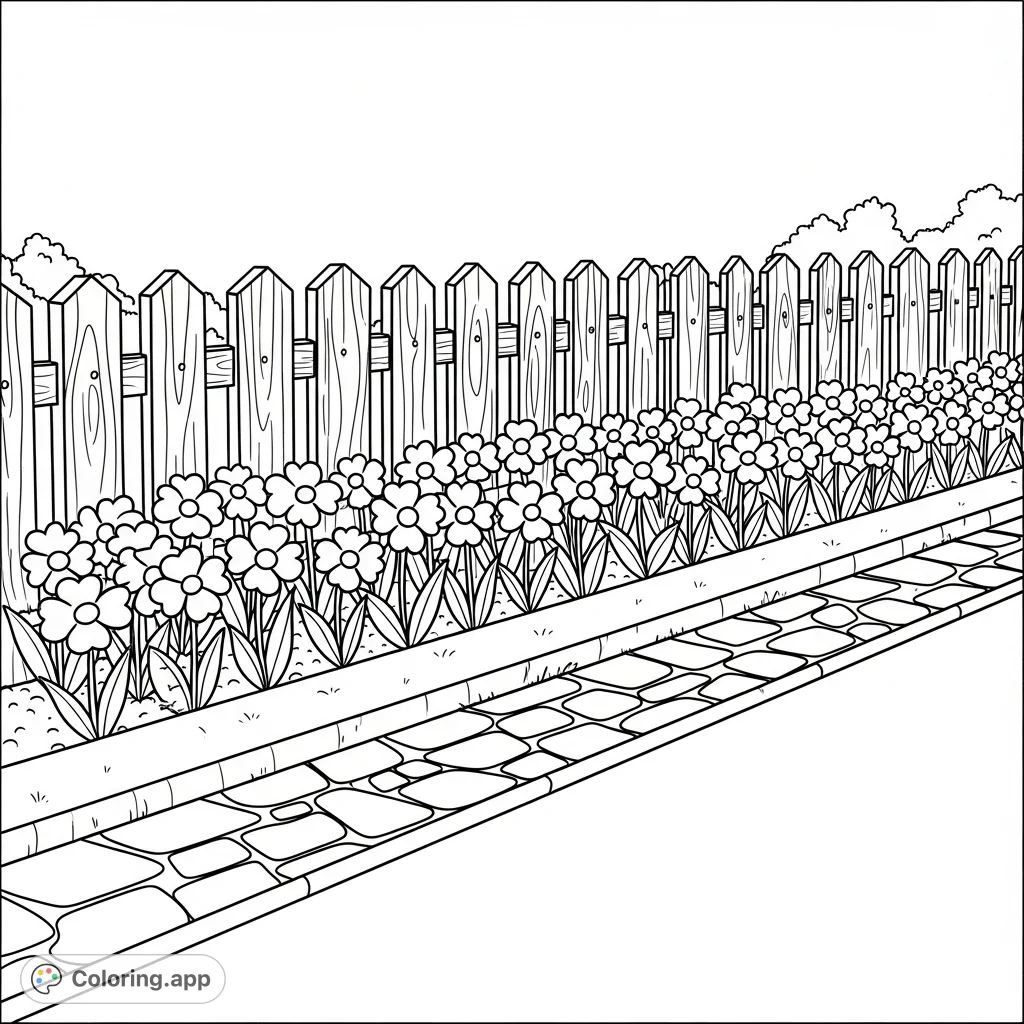 A charming garden scene featuring an elongated flower bed filled with simple blossoms, a rustic wooden fence, and a detailed stone path. Perfect for peaceful coloring.