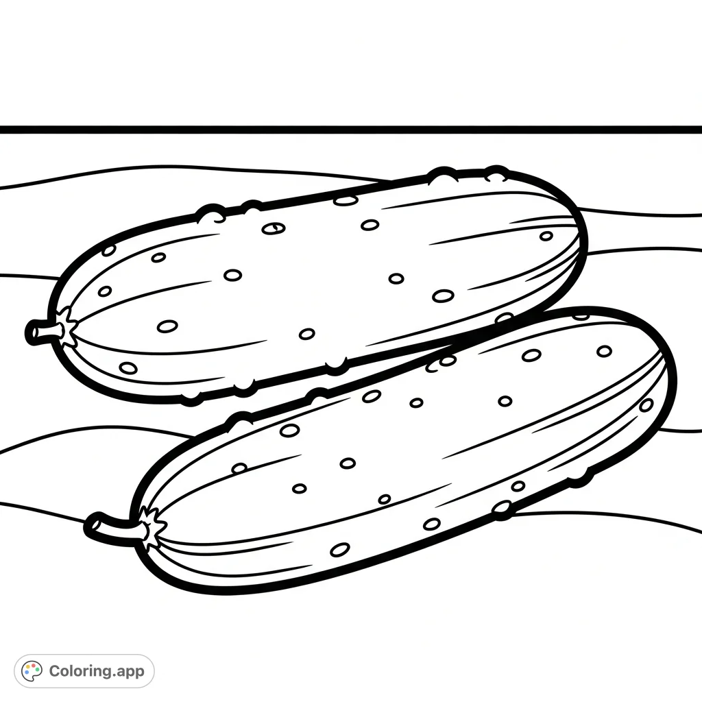 A delightful and simple coloring page featuring two fresh cucumbers, one horizontal and one diagonal, resting on a plain surface. Perfect for all ages.