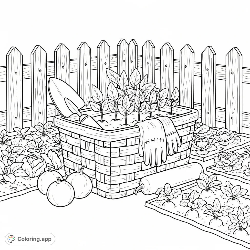 Discover a charming garden scene with a basket, tools, fresh vegetables, and thriving seedlings. A perfect free printable garden coloring page.
