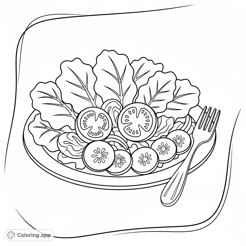 A charming, simple garden salad on a plate with a fork, perfect for easy coloring. Features robust, rounded shapes and a gracefully framed background.