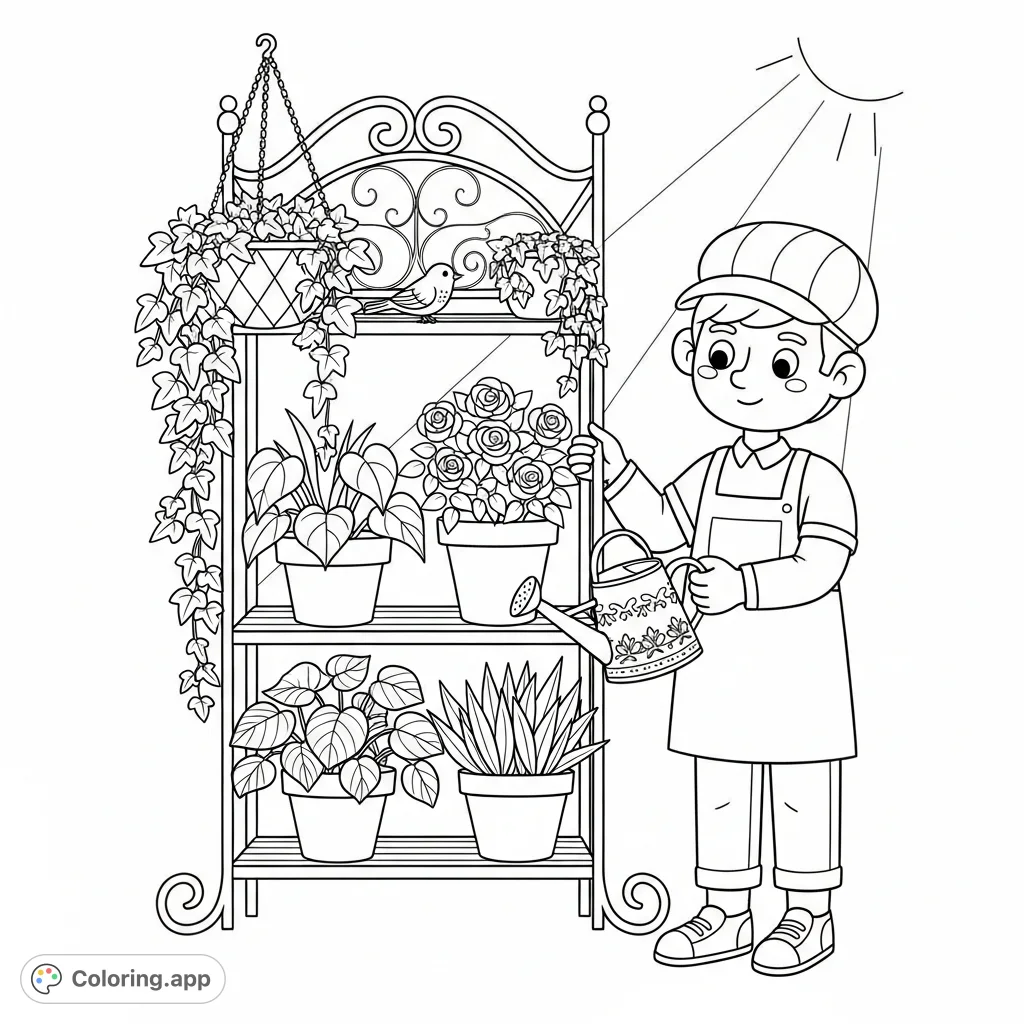 A charming gardener tends to a vibrant collection of potted plants and a rose bush, observed by a small bird on an ornate stand. A peaceful nature scene.