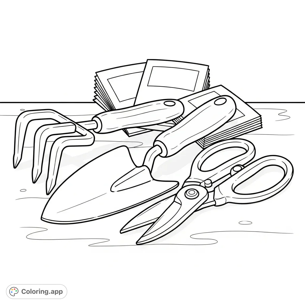 A charming collection of gardening tools, including a trowel, cultivator, and shears, neatly arranged with seed packets on a textured surface, ready for coloring.