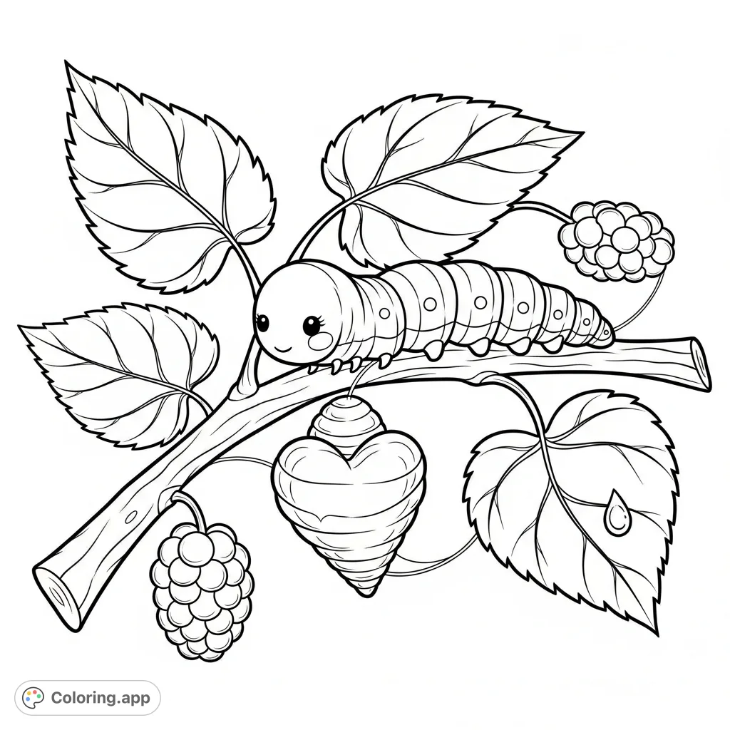 Discover a gentle silkworm spinning a beautiful heart-shaped cocoon on a mulberry branch. A serene nature scene, perfect for peaceful coloring and creative expression.