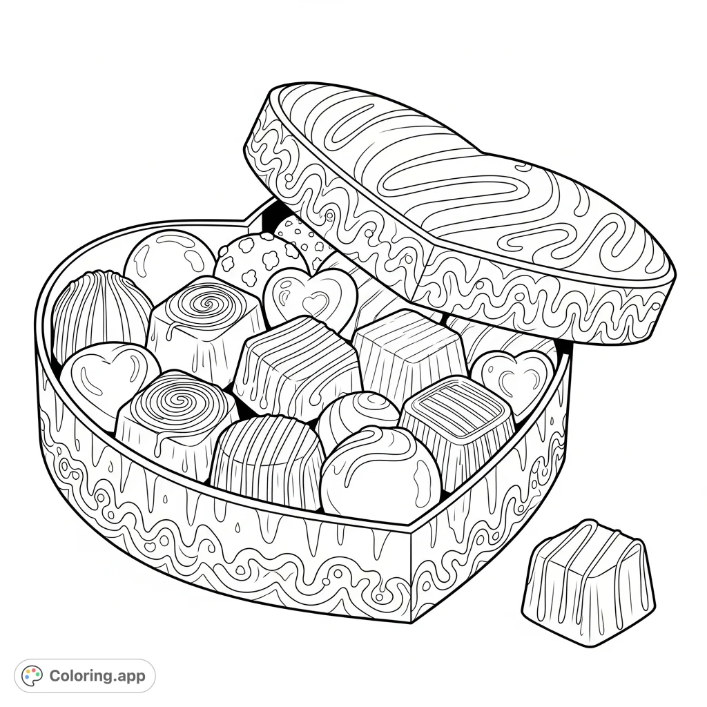 Discover a delightful gourmet chocolate coloring page! A heart-shaped box overflows with varied chocolates, including swirls, spheres, and foil-wrapped treats.
